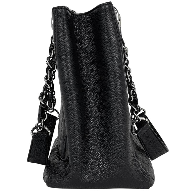 Chanel CC Logo Chain Tote Quilted Shoulder Caviar Leather Black