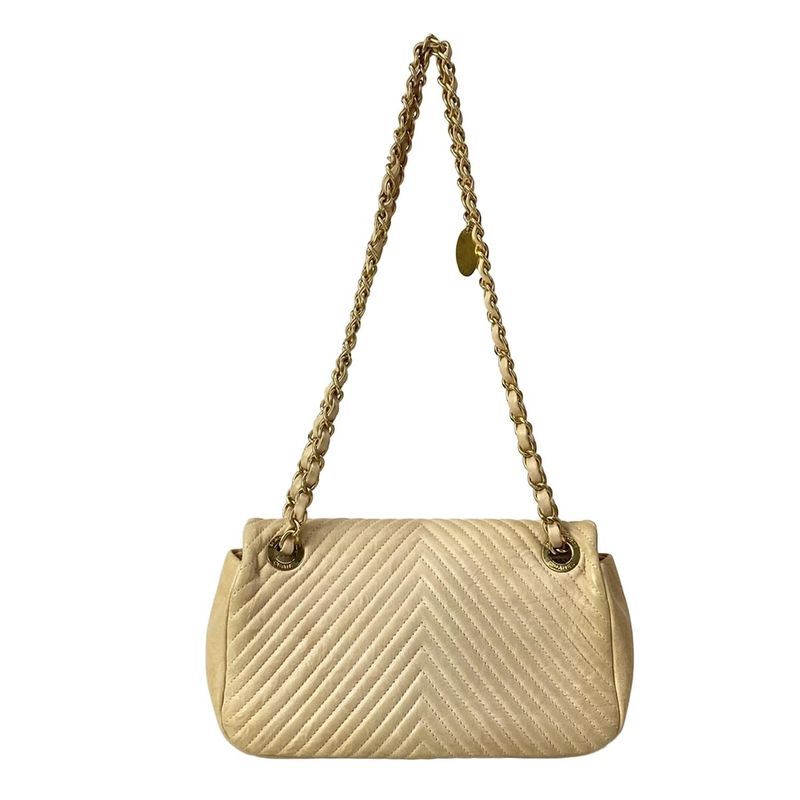 Chanel Shoulder Bag Stitch Beige Chain Gold Lambskin