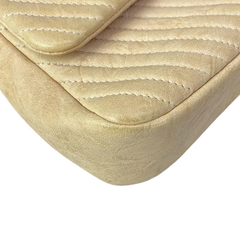 Chanel Shoulder Bag Stitch Beige Chain Gold Lambskin