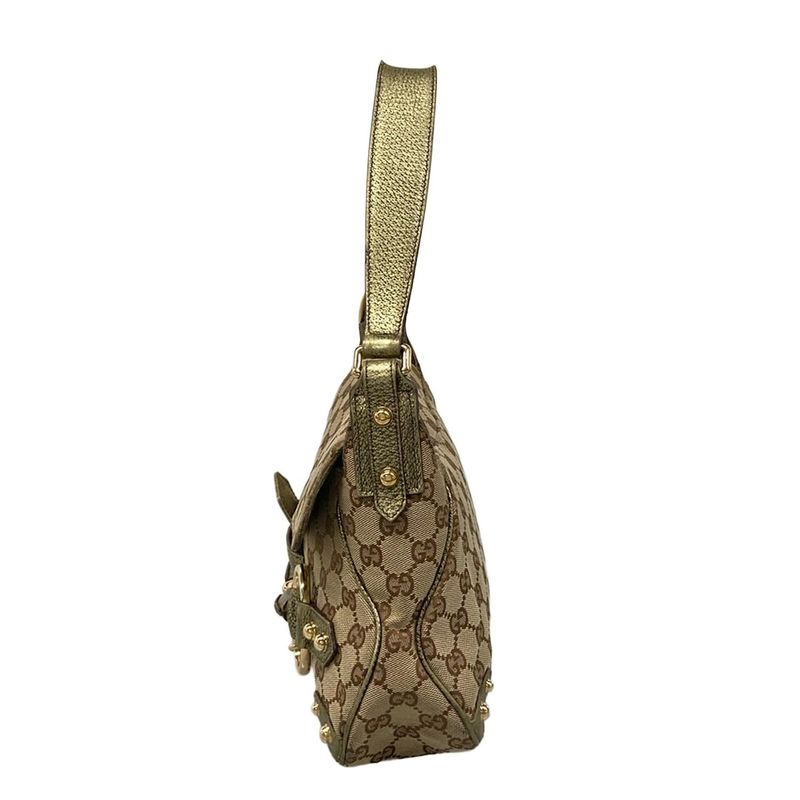 Gucci Shoulder Bag GG Pattern Horsebit Dark Brown Beige Gold Leather