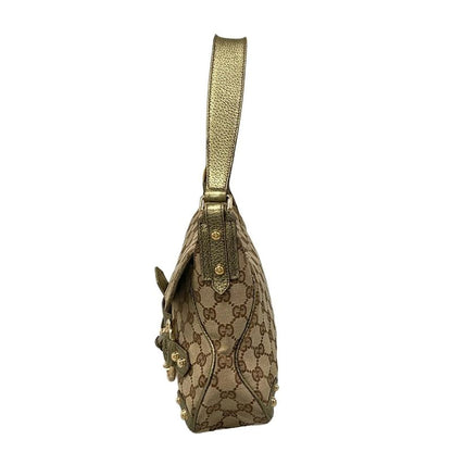 Gucci Shoulder Bag GG Pattern Horsebit Dark Brown Beige Gold Leather