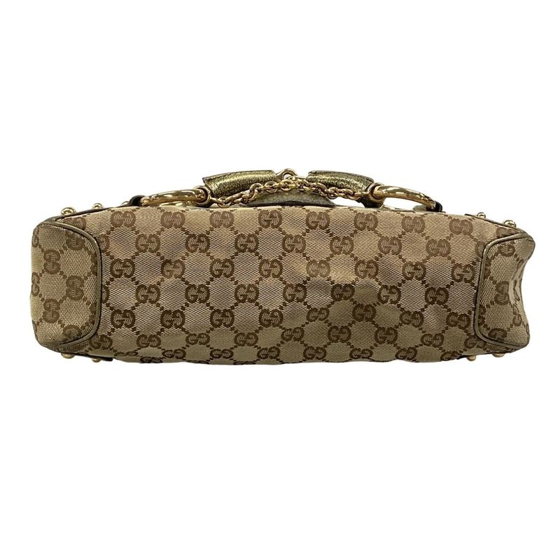 Gucci Shoulder Bag GG Pattern Horsebit Dark Brown Beige Gold Leather