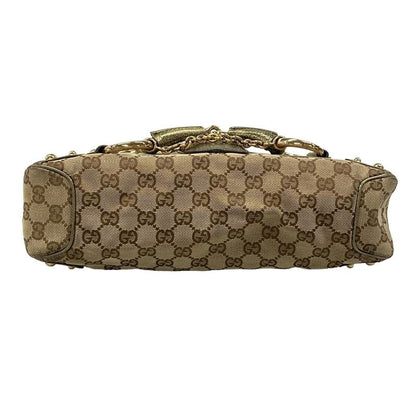 Gucci Shoulder Bag GG Pattern Horsebit Dark Brown Beige Gold Leather