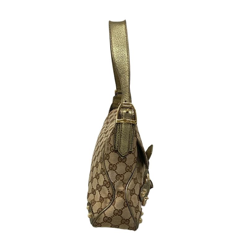 Gucci Shoulder Bag GG Pattern Horsebit Dark Brown Beige Gold Leather