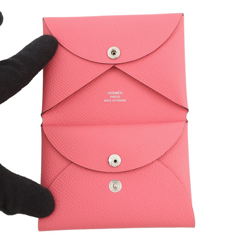 Hermes Coin Case Calvi Duo Rose Azalea Silver Epsom Wallet