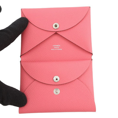 Hermes Coin Case Calvi Duo Rose Azalea Silver Epsom Wallet