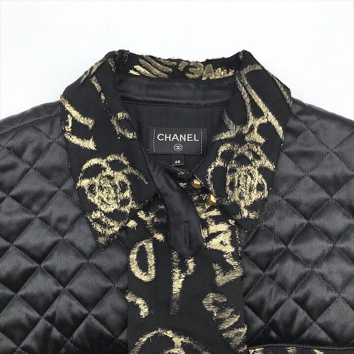 Chanel CC Logo Quilted Cut Replacement Long Sleeve Shirt Top Blouse Black