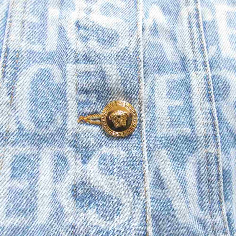 Versace Lavacanza Denim Jacket Logo Print Medusa Gold Button Indigo Blue 36
