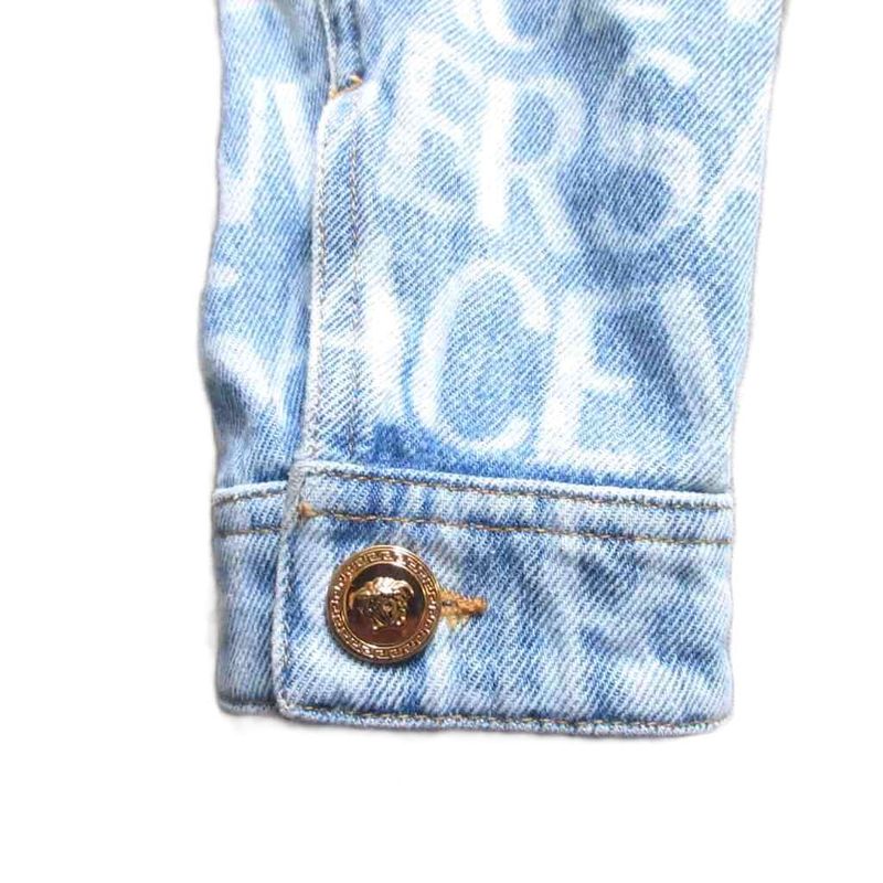 Versace Lavacanza Denim Jacket Logo Print Medusa Gold Button Indigo Blue 36