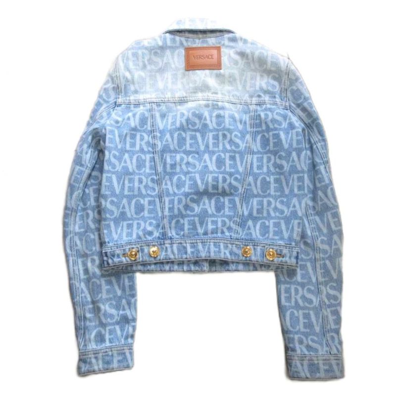 Versace Lavacanza Denim Jacket Logo Print Medusa Gold Button Indigo Blue 36