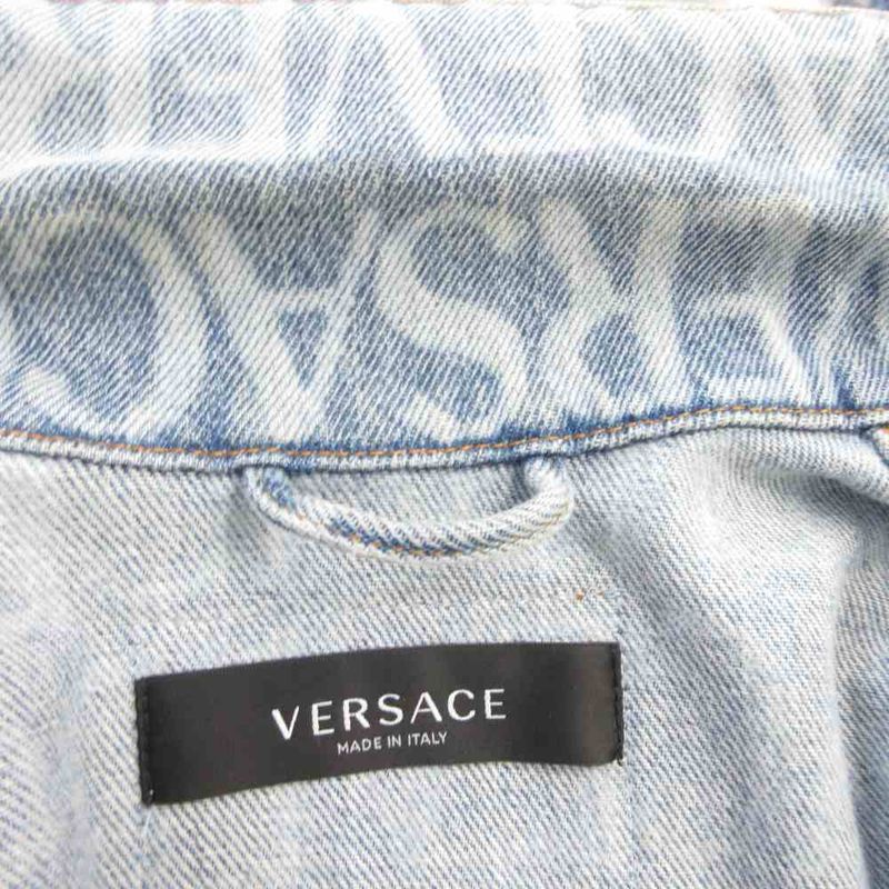 Versace Lavacanza Denim Jacket Logo Print Medusa Gold Button Indigo Blue 36