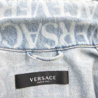 Versace Lavacanza Denim Jacket Logo Print Medusa Gold Button Indigo Blue 36