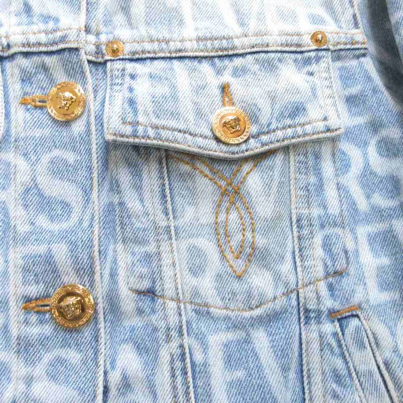 Versace Lavacanza Denim Jacket Logo Print Medusa Gold Button Indigo Blue 36