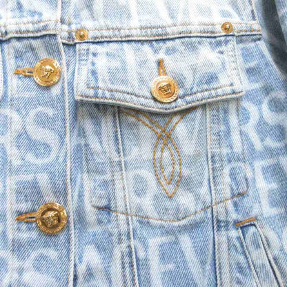 Versace Lavacanza Denim Jacket Logo Print Medusa Gold Button Indigo Blue 36