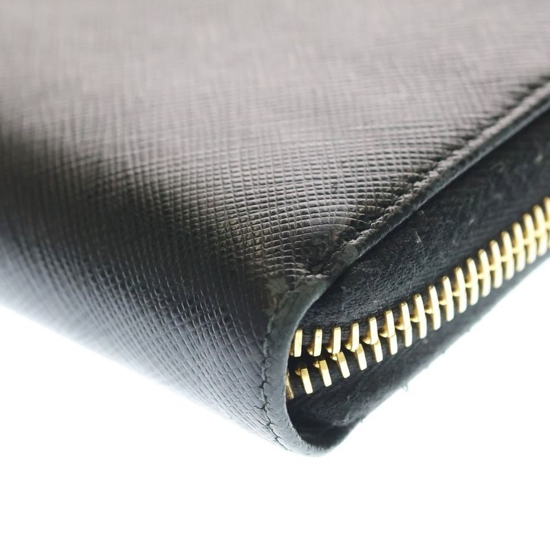 Prada Saffiano Zip Around Wallet Black Leather Gold