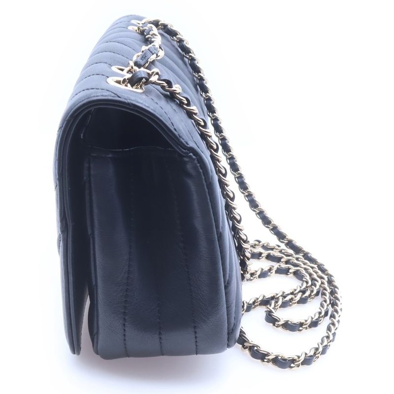 Chanel Chevron Stitch Leather Chain Shoulder Bag Gold Black