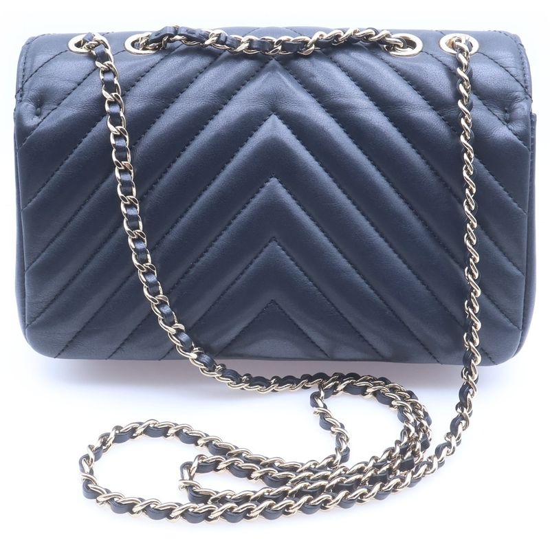 Chanel Chevron Stitch Leather Chain Shoulder Bag Gold Black