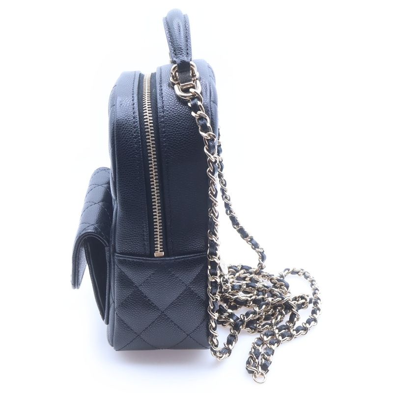Chanel Quilted Mini Backpack CC Logo Caviar Leather Chain Gold Black