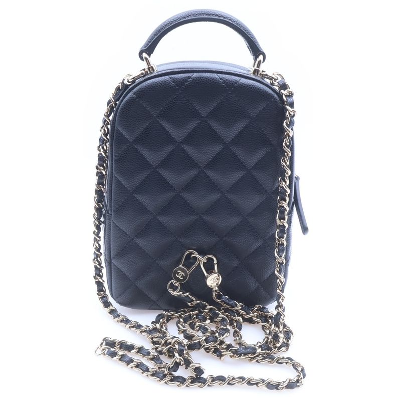 Chanel Quilted Mini Backpack CC Logo Caviar Leather Chain Gold Black