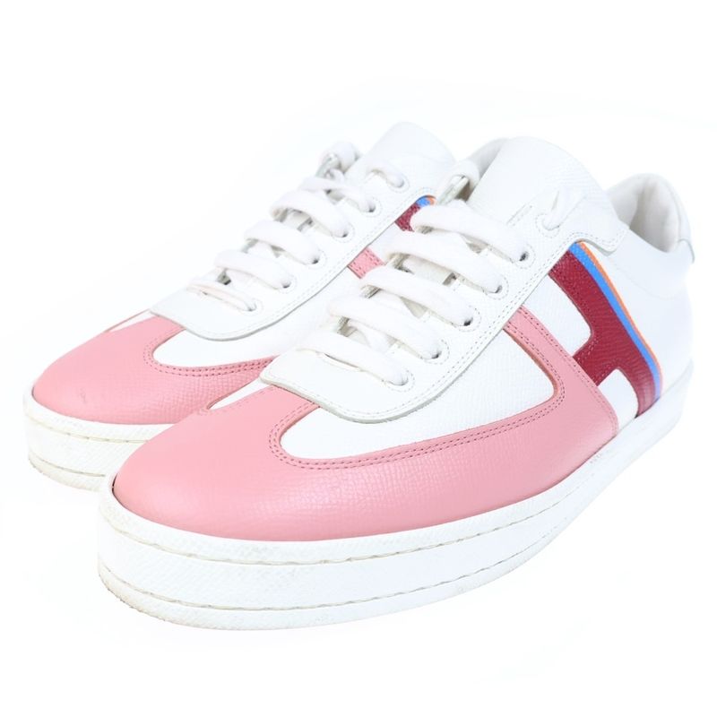 Hermes Boomerang Leather Lace Up Sneakers White Pink