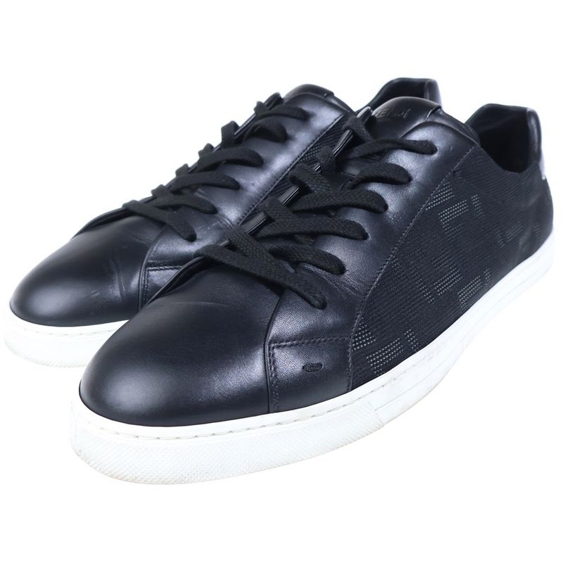 Fendi Zucca Pattern Canvas Leather Lace Up Sneakers Black