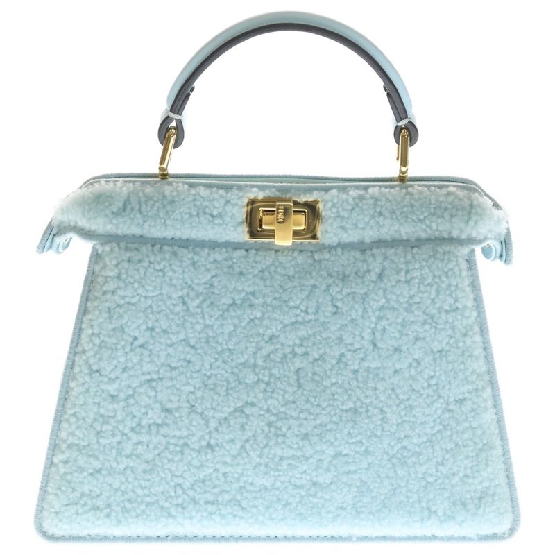 Fendi Peekaboo Eyelash 2-Way Shoulder Bag Light Blue Boa Mouton Gold