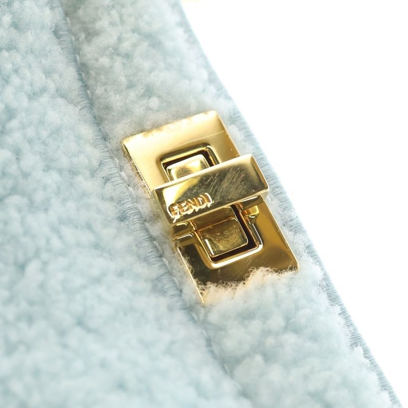 Fendi Peekaboo Eyelash 2-Way Shoulder Bag Light Blue Boa Mouton Gold