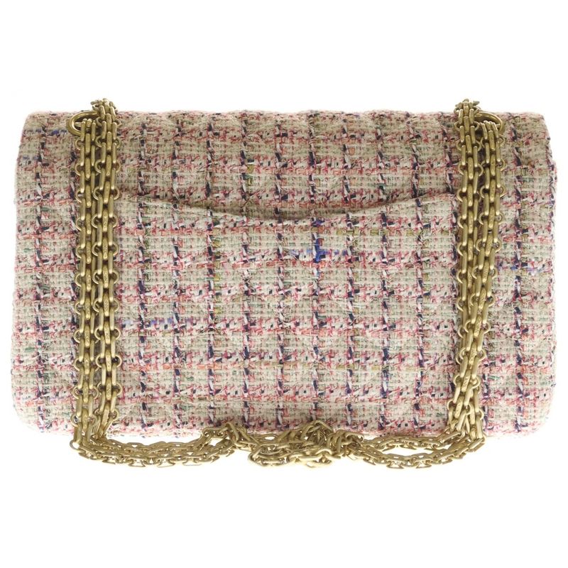 Chanel 2.55 Quilted Double Flap Chain Shoulder Bag Pink Tweed