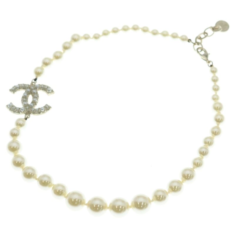 Chanel Ccpearl Necklace CC Logo Choker White Gold Plated