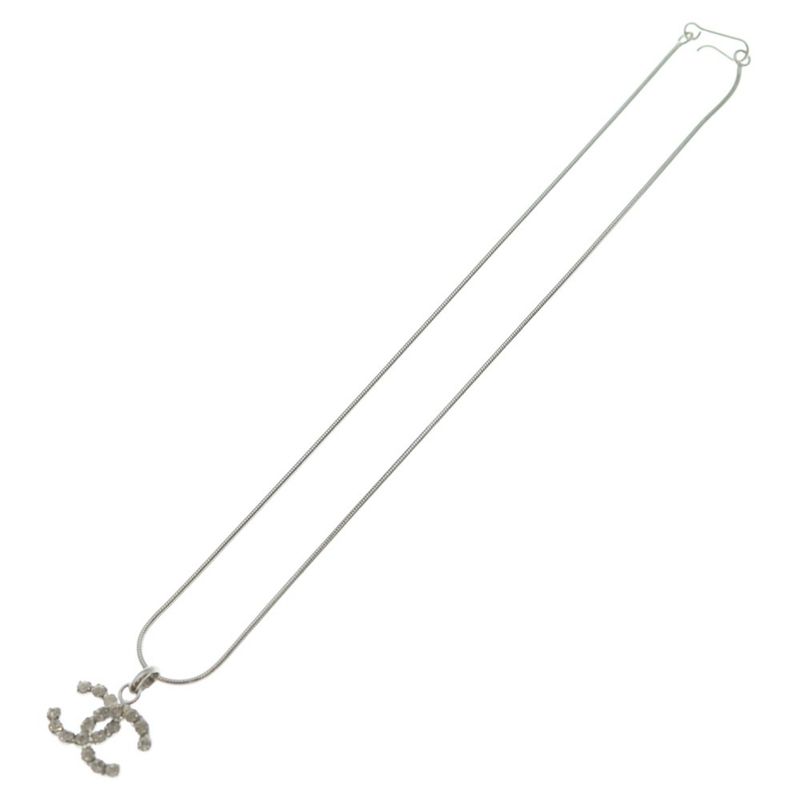 Chanel CC Logo Rhinestone Necklace Silver