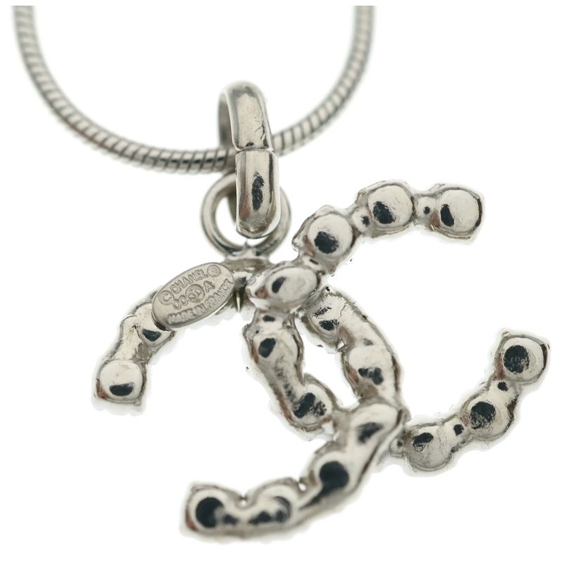 Chanel CC Logo Rhinestone Necklace Silver