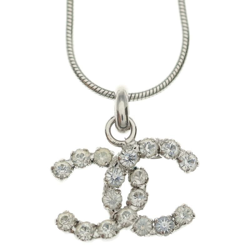 Chanel CC Logo Rhinestone Necklace Silver
