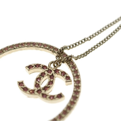 Chanel CC Logo Pink Rhinestone Necklace Pendant Chain Gold Earrings