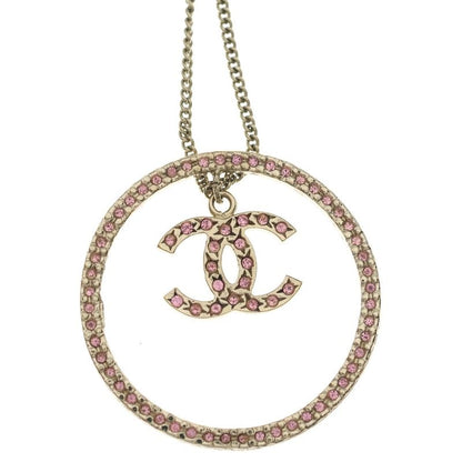 Chanel CC Logo Pink Rhinestone Necklace Pendant Chain Gold Earrings