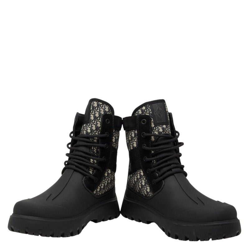 Dior Oblique Garden Lace Up Boots 40 Black Multicolor Rubber Canvas