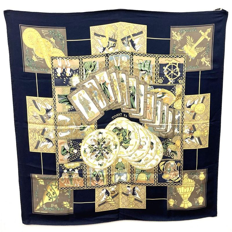 Hermes Carre 90 Scarf le Tarot Card Silk Navy