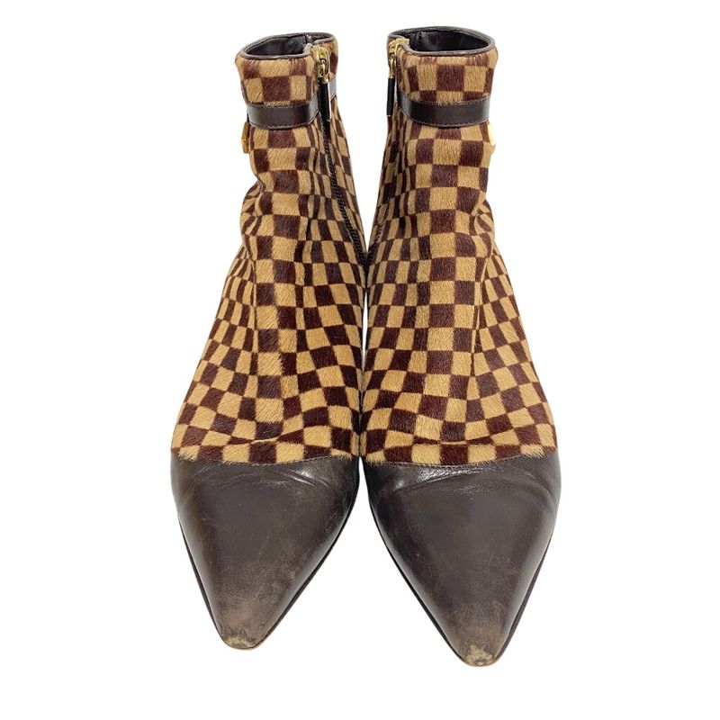 Louis Vuitton Short Boots Sauvage Pointed Toe Booties Damier Calf Hair Brown