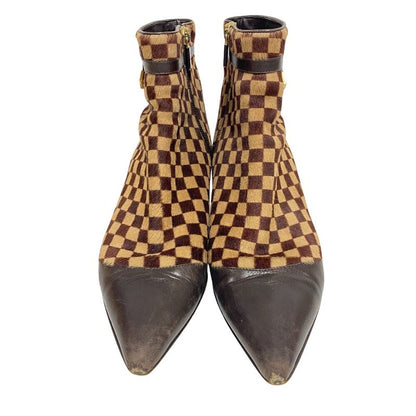 Louis Vuitton Short Boots Sauvage Pointed Toe Booties Damier Calf Hair Brown