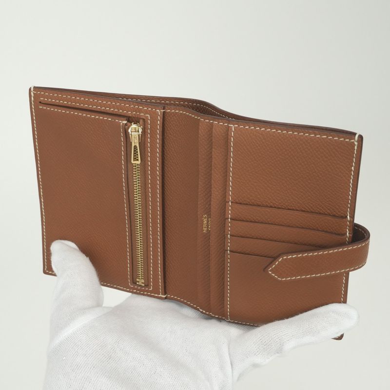 Hermes Bearn Compact Wallet Bifold Mini Epsom Gold Brown Veau