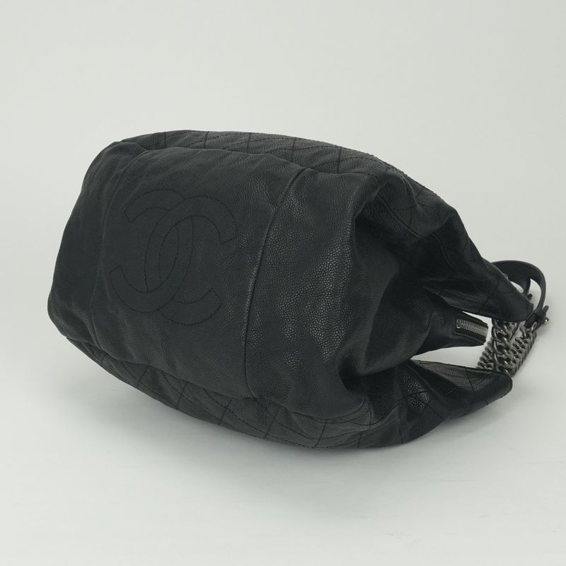Chanel Quilted Tote Shoulder Bag Caviar Leather Black Silver Chain