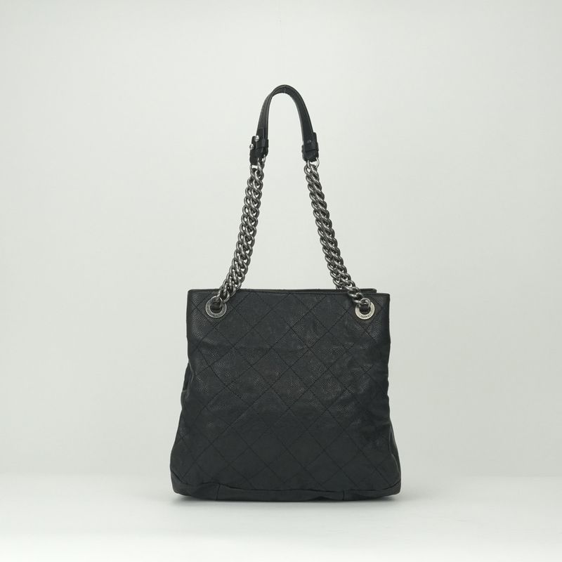 Chanel Quilted Tote Shoulder Bag Caviar Leather Black Silver Chain