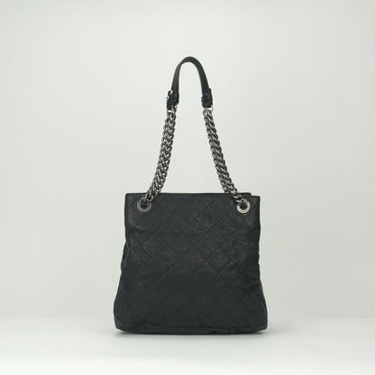 Chanel Quilted Tote Shoulder Bag Caviar Leather Black Silver Chain