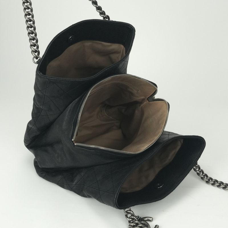 Chanel Quilted Tote Shoulder Bag Caviar Leather Black Silver Chain
