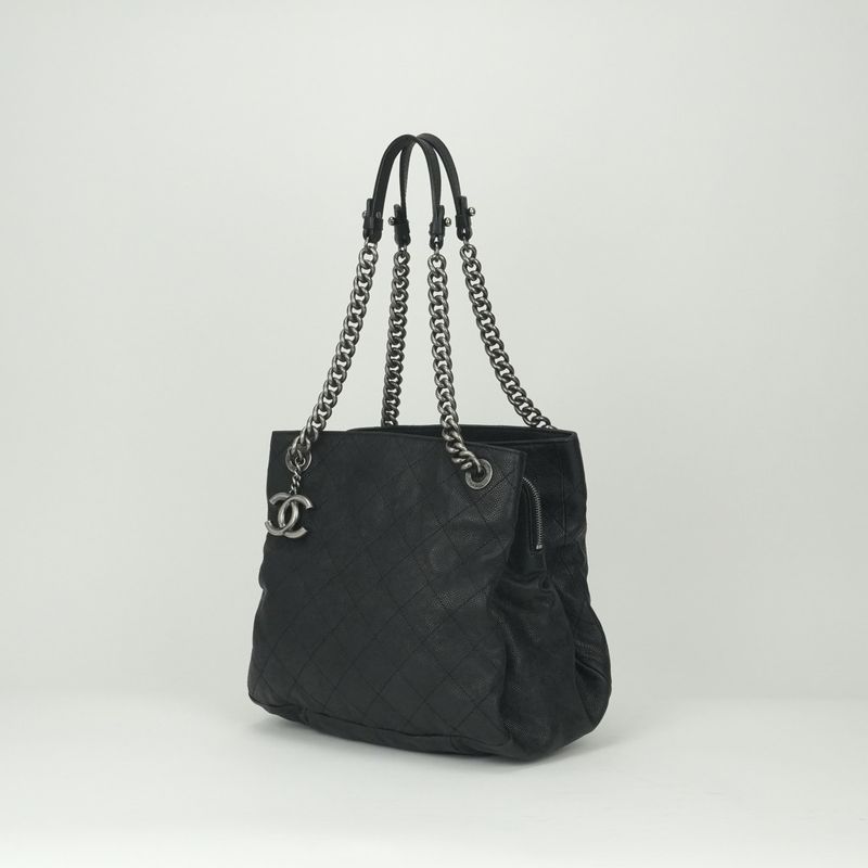 Chanel Quilted Tote Shoulder Bag Caviar Leather Black Silver Chain