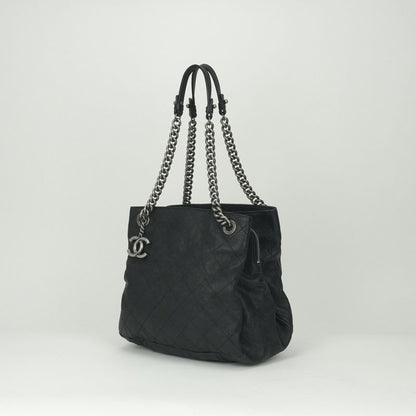 Chanel Quilted Tote Shoulder Bag Caviar Leather Black Silver Chain