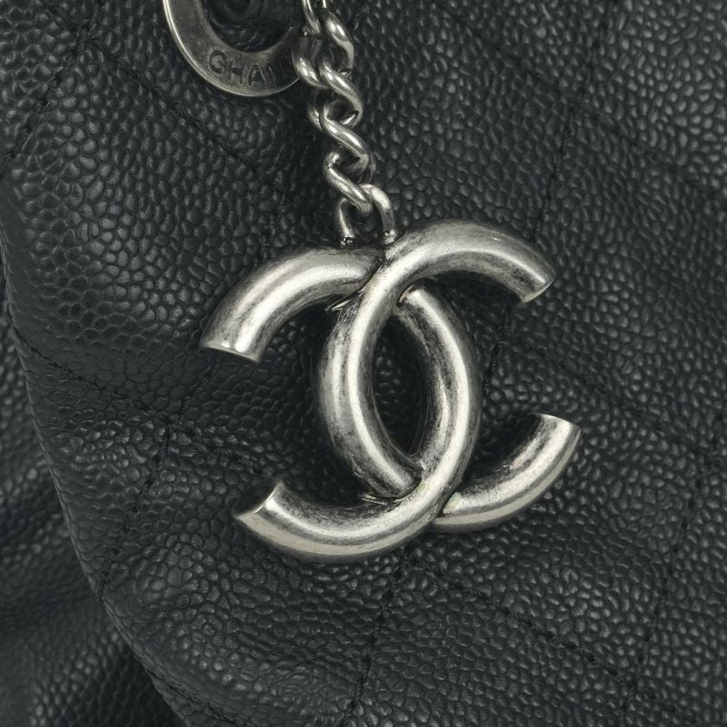Chanel Quilted Tote Shoulder Bag Caviar Leather Black Silver Chain