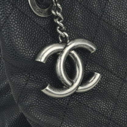 Chanel Quilted Tote Shoulder Bag Caviar Leather Black Silver Chain