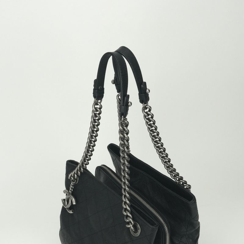 Chanel Quilted Tote Shoulder Bag Caviar Leather Black Silver Chain