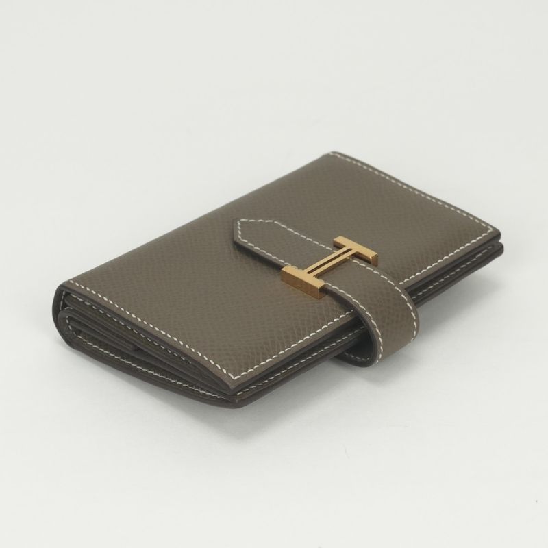 Hermes Bearn Mini Wallet with Coin Purse Bifold Mini Epsom Etoupe Gray Gold