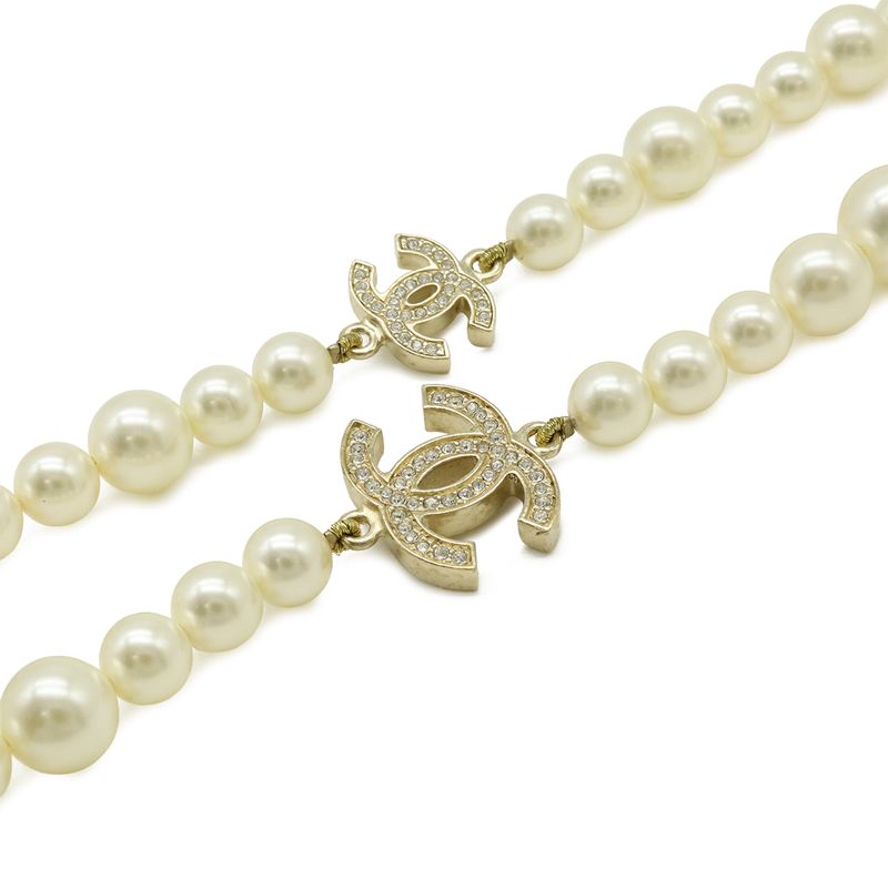 Chanel CC Logo Faux Pearl Long Necklace Pendant Rhinestone Cream Gold